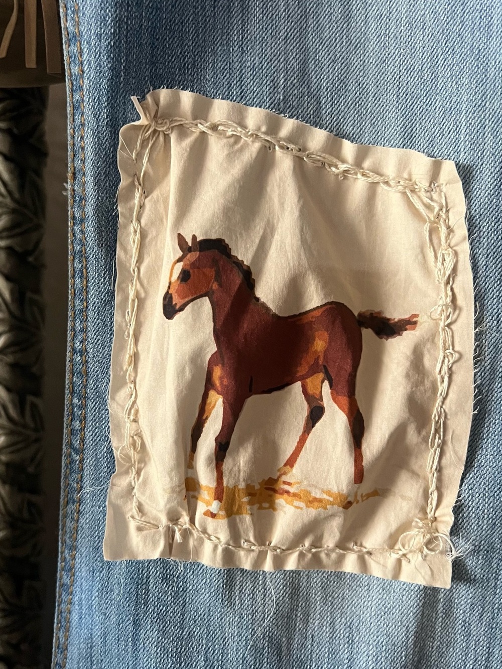 Upcycled Light Blue Flare Jeans with Horse Patch & Lace Trim - Picture 3 of 11